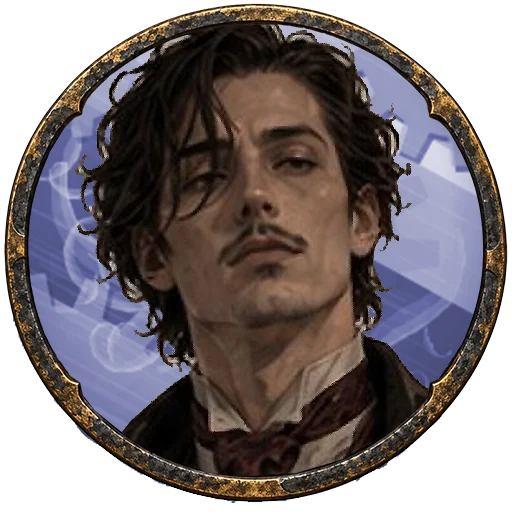 Composite token of Julien Vance: dark wavy hair, thin moustache, pale eyes, on a violet field.