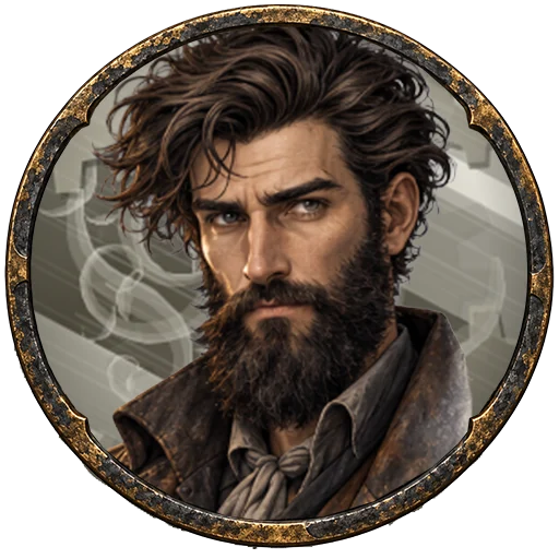 Registry token of Randy Vargas: a bearded man with thick dark hair and a work collar, on an olive-grey field.