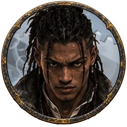 Archive token of Rhazed: a young man with long locked hair and a closed expression, on a grey-blue field.